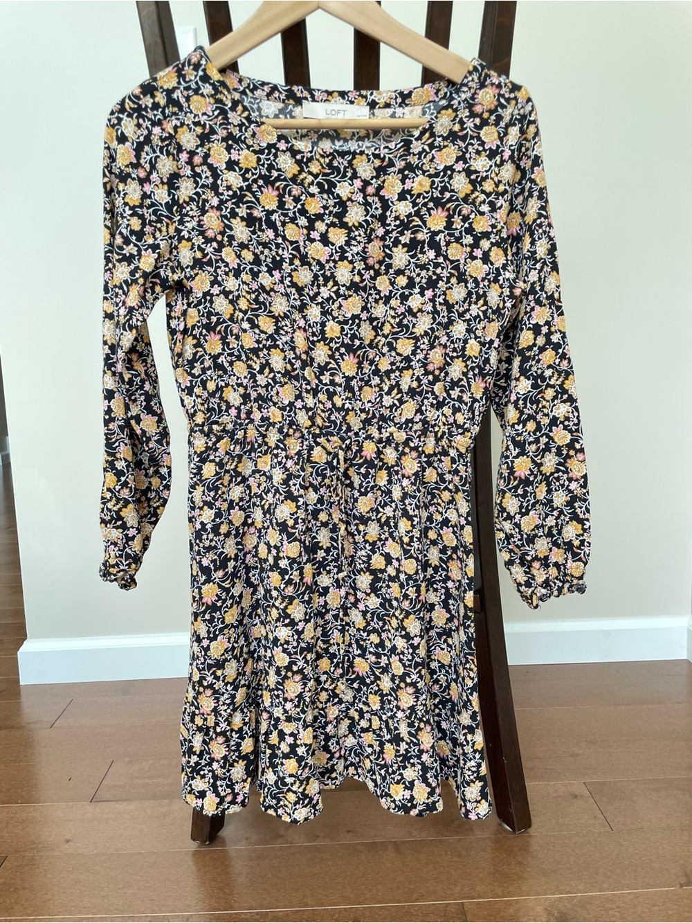 LOFT Black Floral Petite Dress with Yellow and Pink Blooms